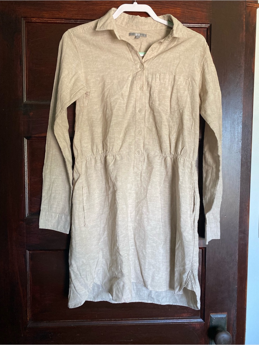 UNIQLO Linen Cotton Blend Long Sleeve Shirt Dress Beige Khaki Medium
